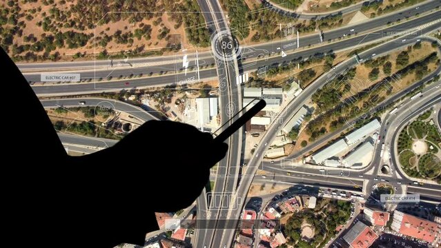 Intelligent Vehicles Cars Communicating Ai Logistic Autonomous Delivery Vehicles IoT GPS Tracking Satellite 5G Smart Roads Traffic Road Junction Interchange Motorway Triangulation Of Traffic Data