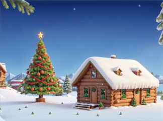 Obraz na płótnie Canvas Christmas scene with Christmas tree beside house and snowy hill