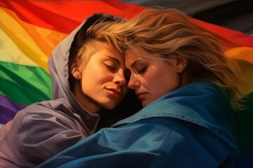 Two girls in love embrace wrapped LGBT flags. Lesbian couple