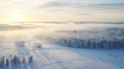 Winter landscape from above, forest in snow and frozen river, drone view