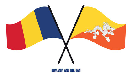 Romania and Bhutan Flags Crossed And Waving Flat Style. Official Proportion. Correct Colors.
