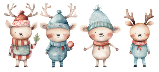 Set of watercolor characters isolated on white background. christmas deers on winter costumes, kids story book elements 