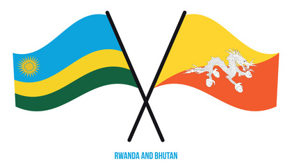Rwanda and Bhutan Flags Crossed And Waving Flat Style. Official Proportion. Correct Colors.
