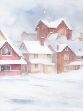 Flat winter landscape with red houses