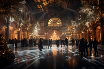 enchanting photo of an ice skating rink located amidst historic architecture, marrying the elegance of the past with modern winter joy   - obrazy, fototapety, plakaty