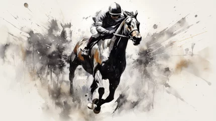 Foto op Aluminium person riding a horse. horse racing sketch. horse racing tournament. equestrian sport. illustration of ink paints. © StraSyP BG