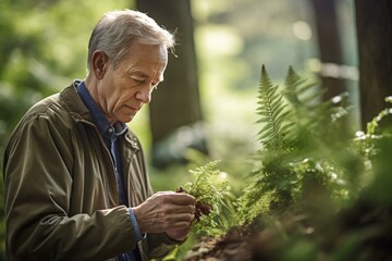 A man observing a plant in a serene forest setting