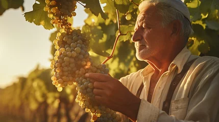 Foto op Plexiglas A man holding a bunch of grapes in a vineyard © KWY