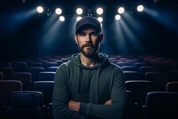 A bearded man standing in front of a theater
