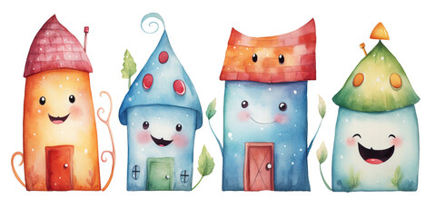 set of cute watercolor houses on white background, funny cartoon fairy tail houses for kids books, story books - obrazy, fototapety, plakaty
