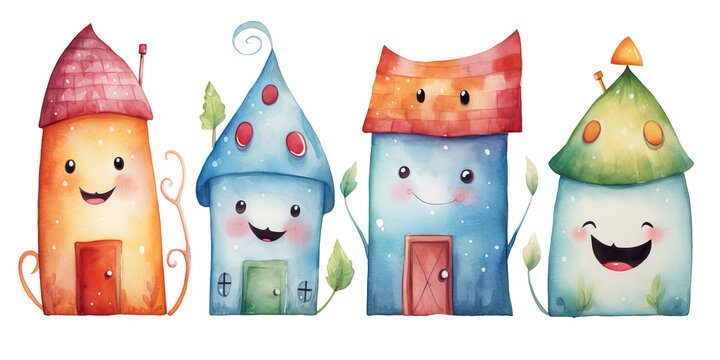 set of cute watercolor houses on white background, funny cartoon fairy tail houses for kids books, story books