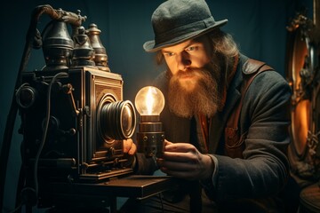 A bearded man with an antique camera - obrazy, fototapety, plakaty