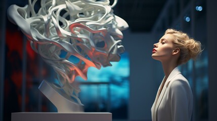 A woman contemplating a sculpture in a museum
