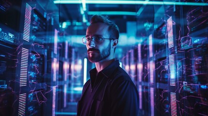 A man standing in front of a row of servers in a data center