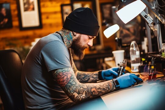 A tattooed man at work in a vibrant tattoo parlor
