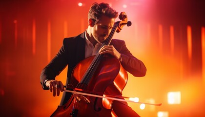 Fototapeta premium A man in a tuxedo playing a cello with passion and elegance
