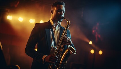 A man playing the saxophone in a stylish suit - obrazy, fototapety, plakaty