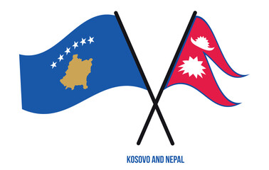 Kosovo and Nepal Flags Crossed And Waving Flat Style. Official Proportion. Correct Colors.