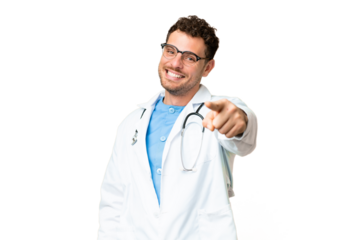 Brazilian doctor man over isolated chroma key background points finger at you with a confident expression