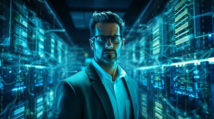Fototapeta premium Photo of a man in a suit and glasses in a server room
