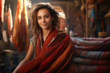 Photo of a woman comfortably seated on a cozy pile of blankets