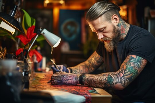 Photo of a bearded man with tattoos writing on a pape