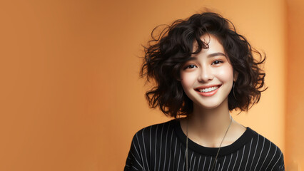 Young Chinese woman with short brunette hair, has perfect facial skin, cosmetic advertising facial anti age lift products salon care tighten skin