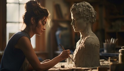 Photo of a woman painting a sculpture of a woman's head