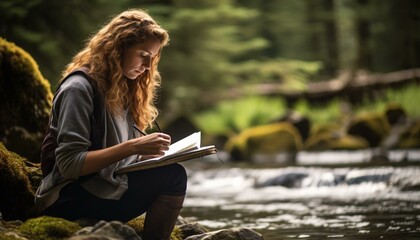 Photo of a woman engrossed in a captivating book while perched on a serene rock