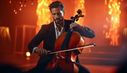 Fototapeta premium Photo of a man in a suit playing the cello with passion and precision
