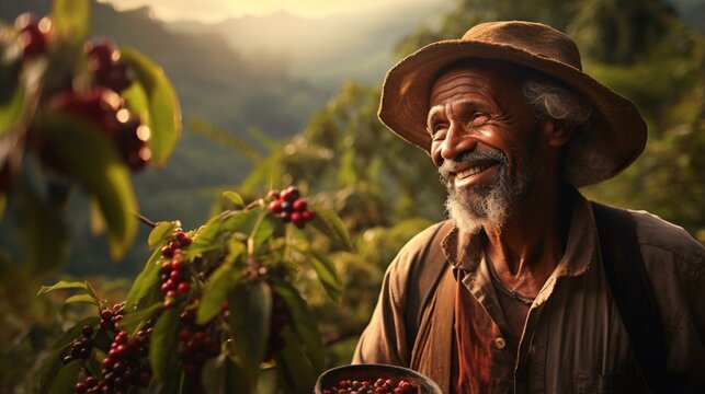 Photo Of A Man Surrounded By Lush Coffee Bean Plants In A Field