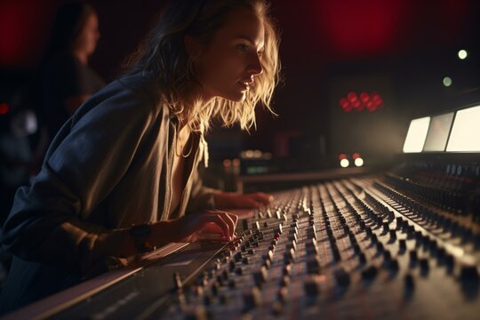 Photo of a woman at a music studio mixing desk