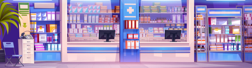 Pharmacy interior with drugs on shelves. Vector cartoon illustration of drugstore selling medication, cosmetic bottles, boxes of pills, tablets on shelf, computer on cash desk, pharmaceutical business