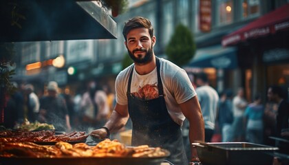 A man grilling food on a barbecue - obrazy, fototapety, plakaty