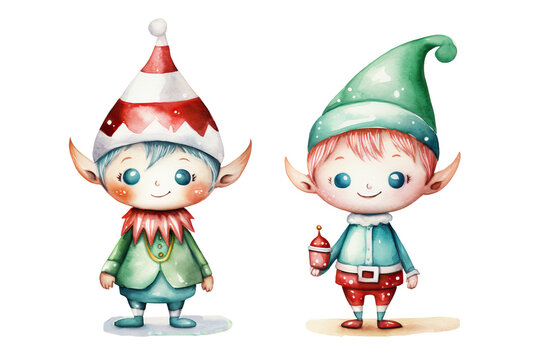Christmas cute elves on transparent background, Set of Watercolor xmas elves isolated on white background, elves fun characters isolated, banner, flayer, leaflet, poster