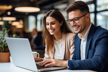 Cheerful businesspeople using a laptop in an office. Two happy young entrepreneurs smiling while working together in a modern workspace. Two young businesspeople sitting together at a table.