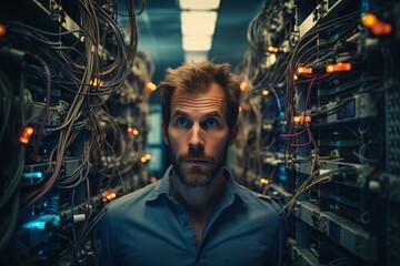 A man surrounded by a complex network of wires