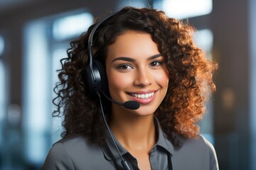 Call center, Beautiful female helpline operator in headset working at office. Technology, contact us and communication with happy employee operator in help desk agency. - obrazy, fototapety, plakaty