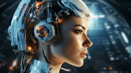 Connection of human woman and artificial intelligence robot. The concept of merging a person and a computer with neural networks in the future. AI generated