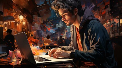 A man in headphones plays online games on a laptop computer. The concept of computer games, streaming and remote work - obrazy, fototapety, plakaty