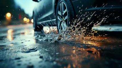Foto op Plexiglas Schip Side view of a car wheel on wet pavement during rain at sunset in the city