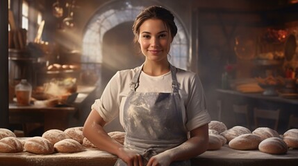 A woman standing in front of a table full of bread