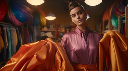 Fototapeta premium A woman in a vibrant pink shirt and orange skirt