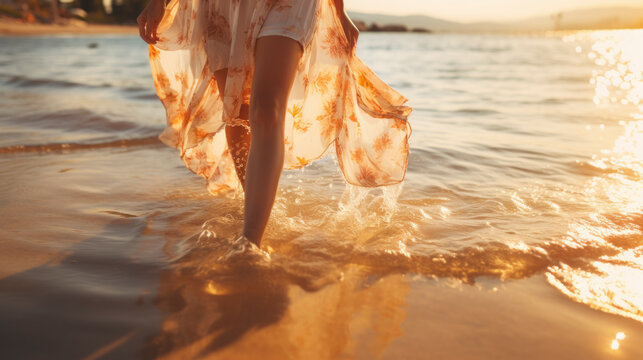 Close up of woman feet walking barefoot on sand beach in sea water. Vacation, travel and freedom concept. People relaxing in summer.,ai generate
