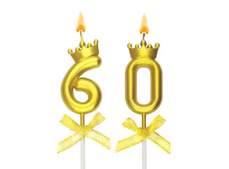 Burning gold birthday candles with crown isolated on white background, number 60.