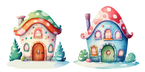 christmas snow house for story books on white background, watercolors, kids books, transparent background