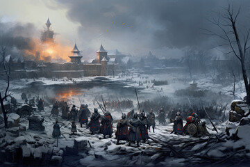 Napoleon's army during the winter and battle of Moscow in 1812. - obrazy, fototapety, plakaty