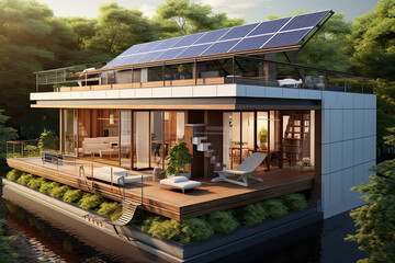 Obraz premium Illustration of a modern villa with solar panels on the roof. 