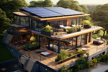Obraz premium Illustration of a modern villa with solar panels on the roof. 
