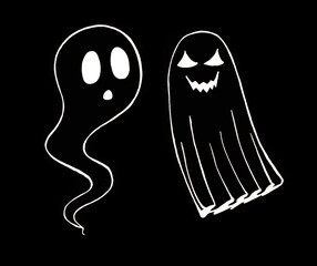 Two different ghosts are drawn with a white line on a black background. One with a twisted wave with round eyes and a mouth. Another apparition under the sheet with triangular eyes and a toothy grin